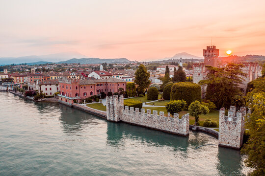 Italy, Veneto, Lazise at Lake Garda, drone view at sunrise