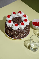 Schwarzwalder Kirschtorte, black forest cake, harsh light, table background in sunlight, modern still life, cherry dessert on modern background