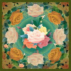 Colorful mandala style white roses design