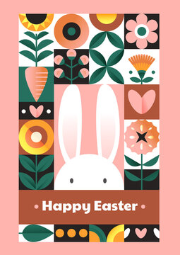 Easter card. Geometric design. Collection of festive images. Pink invitation cards for Easter. Set of holiday avatars and icons. Cartoon flat vector illustrations isolated on pink background