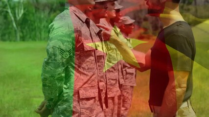 Animation of flag of cameroon waving over caucasian soldiers - Powered by Adobe