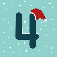 Number four with snow and red Santa Claus hat. Festive font for Christmas and New Year