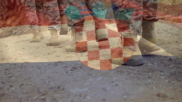 Animation of flag of croatia waving over low section of marching soldiers