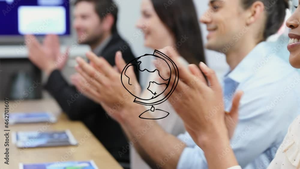 Poster animation of rotating globe over happy group of diverse business colleagues clapping hands