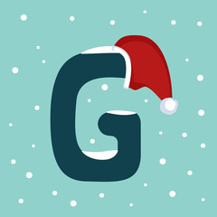 Letter G with snow and red Santa Claus hat. Festive font for Christmas and New Year
