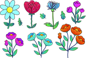 Vector collection of illustrations with wild flowers and plants. Set of  flowers and leaves in a cartoon style. 