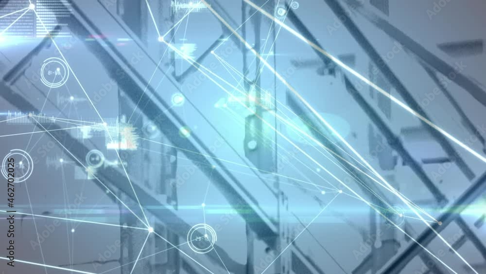 Poster animation of network of connections and data processing over warehouse