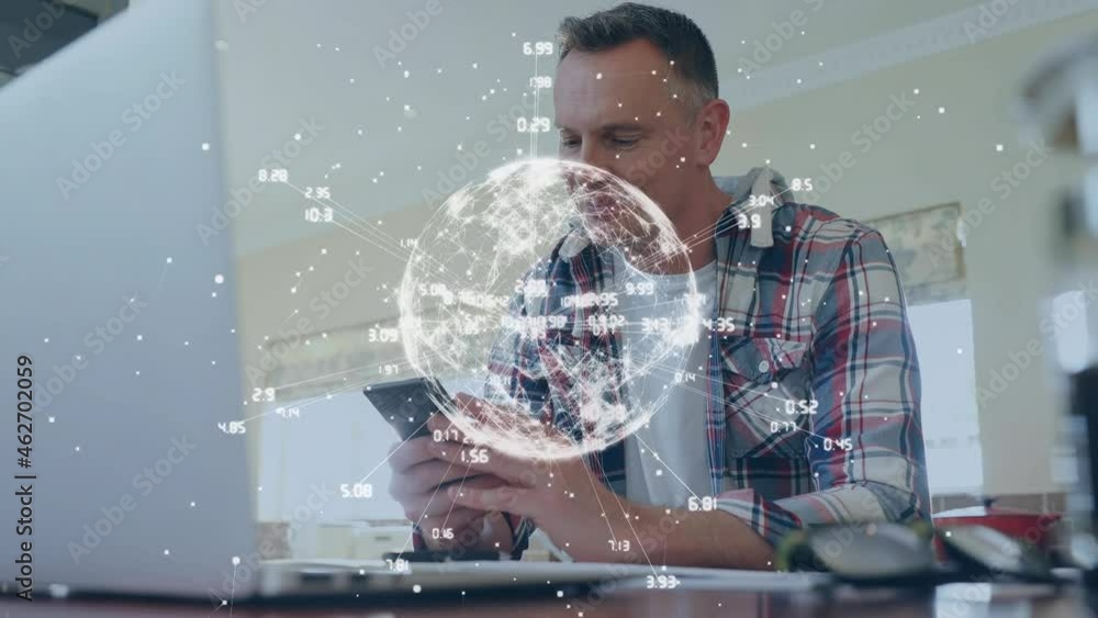 Poster animation of globe with connections over man using smartphone