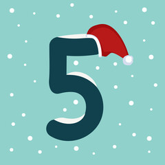 Number five with snow and red Santa Claus hat. Festive font for Christmas and New Year
