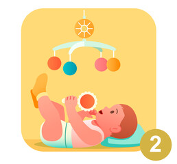 Kid playing with rattle. Little boy lies on soft pillow and looks at suspended toy. Child growth process. Growing up and developing baby. Cartoon flat vector illustration isolated on white background