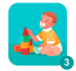 Baby growth process. Little boy sitting on carpet, playing with cubes and assembling house out of them. Kid learned to sit and hold head. Cartoon flat vector illustration isolated on white background
