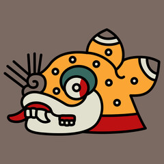 Stylized head of a jaguar. Native American art of Aztec Indians from Mexican codex. On gray background. © Olena