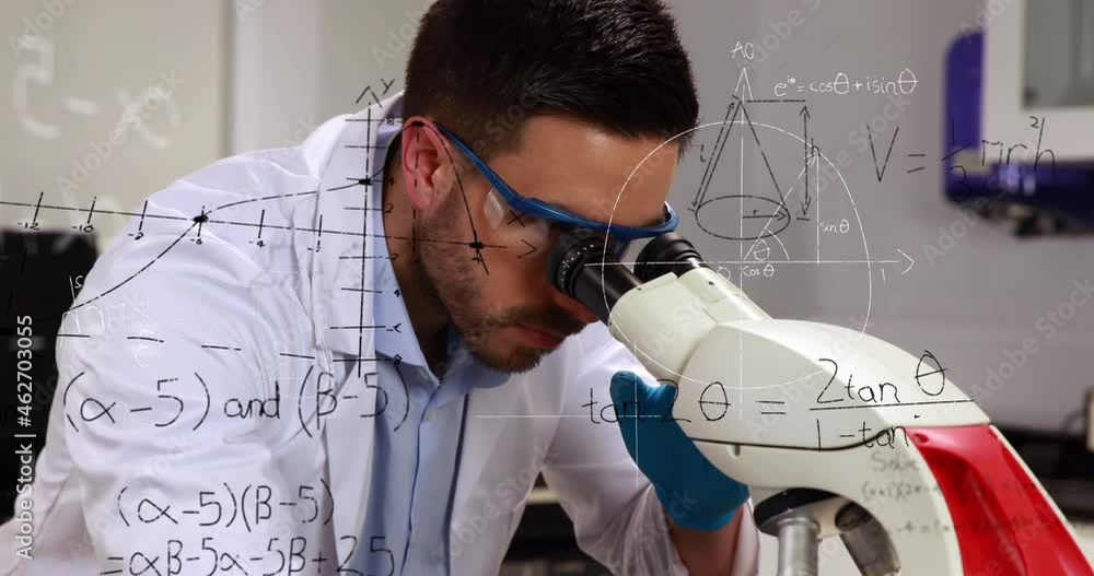 Poster animation of mathematical formulae over male using microscope