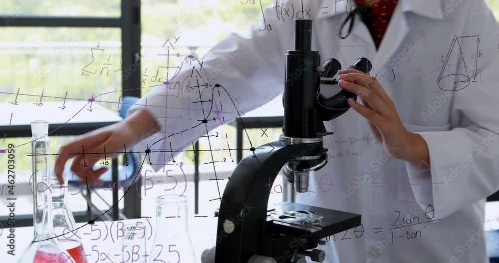 Poster animation of mathematical formulae over female using microscope