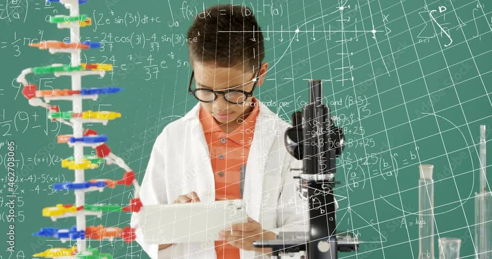 Poster animation of mathematical formulae over smiling schoolboy using tablet