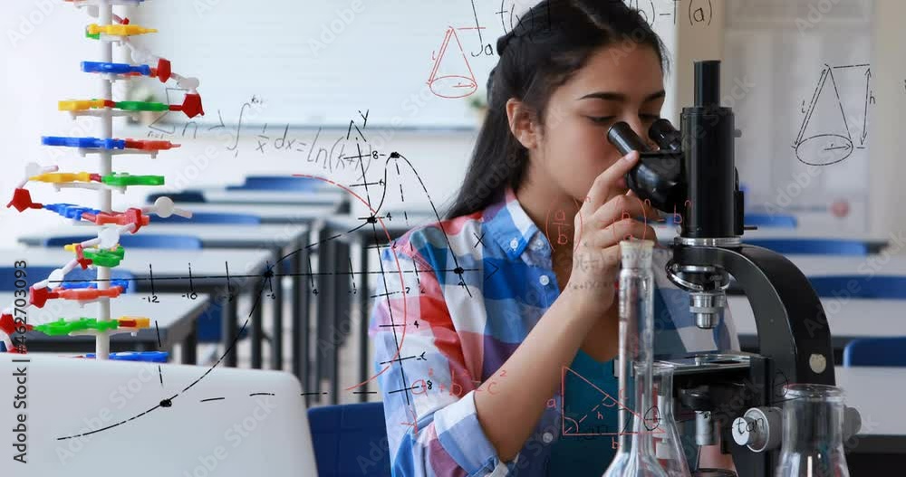 Poster animation of mathematical formulae over student using microscope