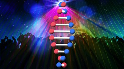 Dna structure spinning against disco lights over silhouette of people dancing - Powered by Adobe