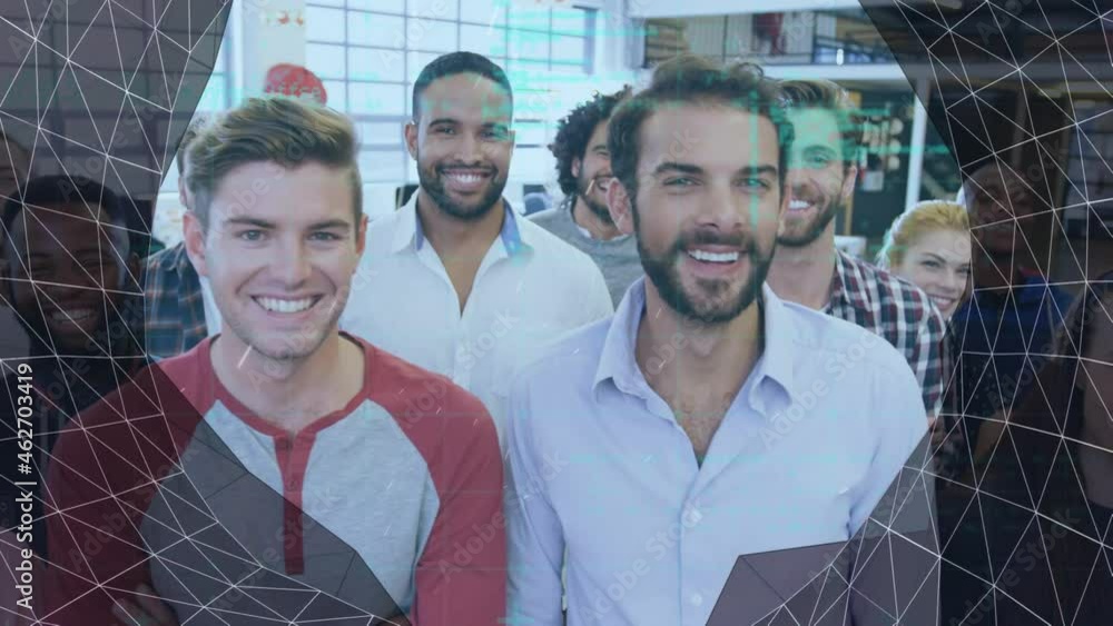 Poster digital tunnel and data processing against portrait of diverse office colleagues smiling at office