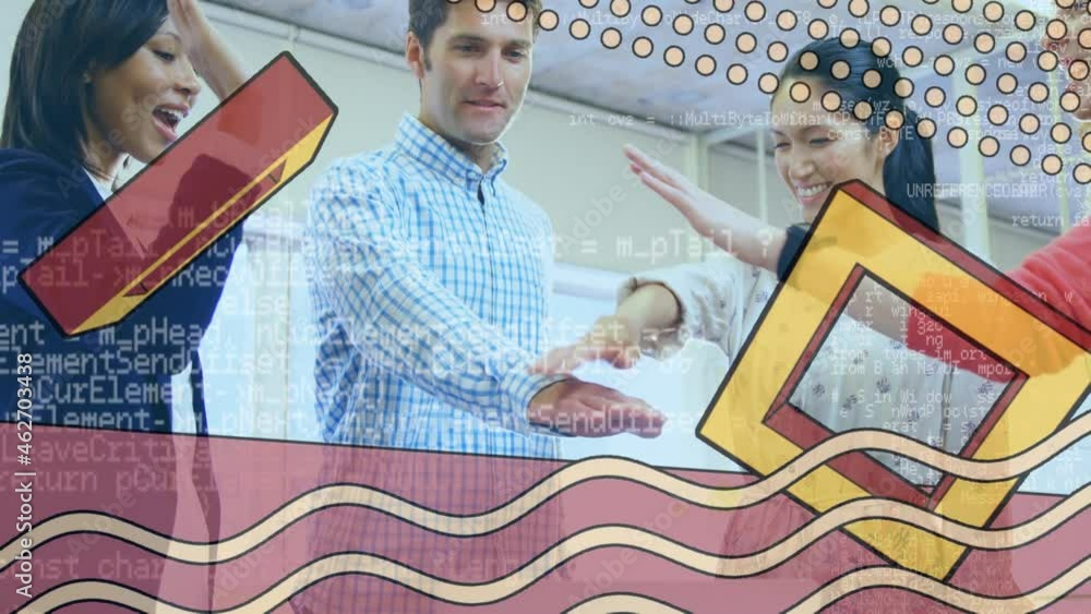 Poster abstract shapes and data processing against diverse office colleagues stacking hands at office