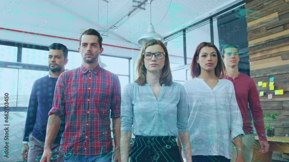 Poster microprocessor connections and data processing against diverse office colleagues walking at office