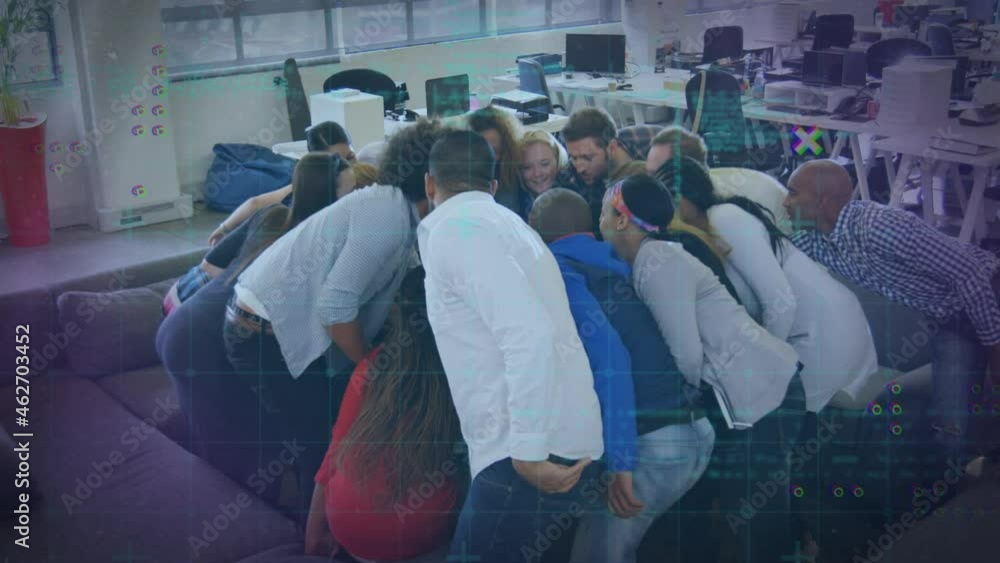 Poster abstract shapes and data processing against diverse office colleagues stacking hands at office