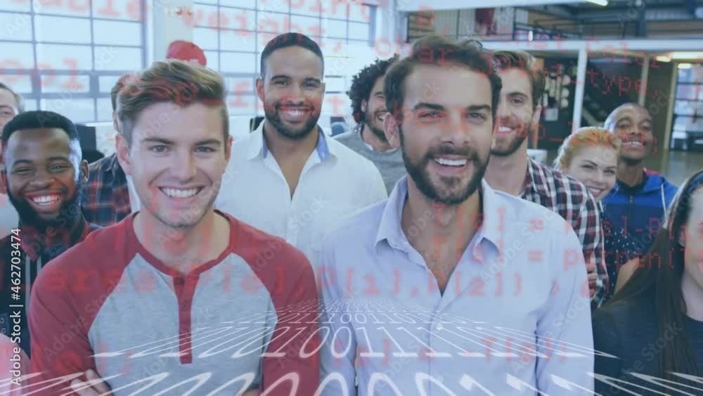 Poster binary coding and data processing against portrait of diverse office colleagues smiling at office
