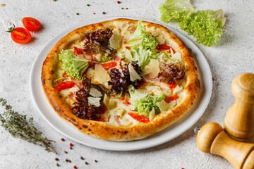 fast food, appetizing tasty pizza with ingredients on a light background