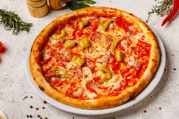 fast food, appetizing tasty pizza with ingredients on a light background