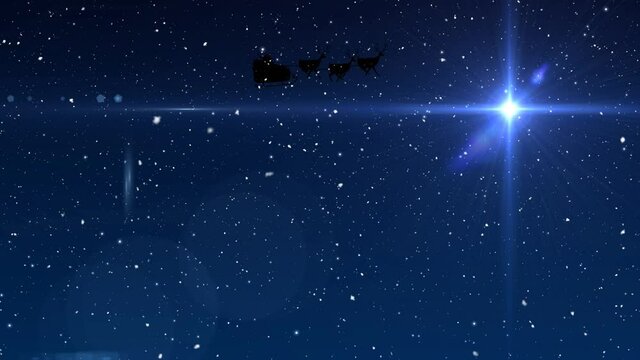 Animation of snow falling over santa claus in sleigh with reindeer and glowing star