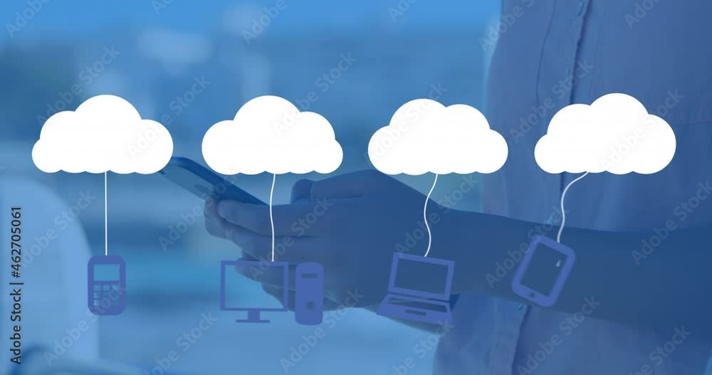 Poster animation of digital clouds with icons over man using smartphone