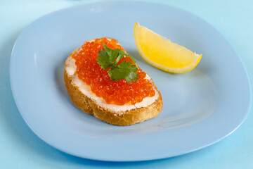 Sandwich with red caviar on toast. Fish sandwich. Traditional appetizer. Photo of food. Close-up.