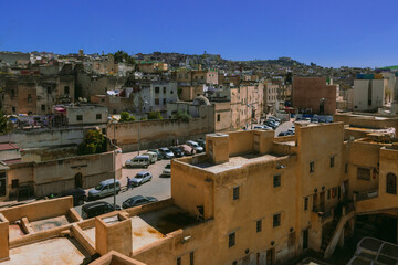 Africa city old town Fez Morocco traditional tourist oriental street leather roof view arabic...