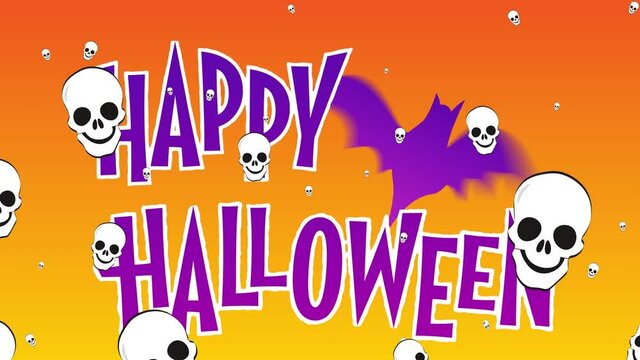 Animation of halloween greetings and skulls moving over orange background with trees