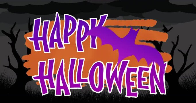 Animation of halloween greetings and bat moving over orange and black background with trees