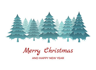 Merry Christmas and Happy New Year greeting card. Christmas trees on white background