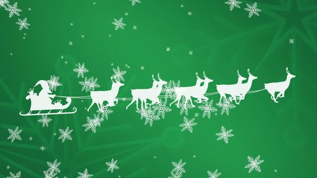 Animation of snow falling over santa close sleigh over green background