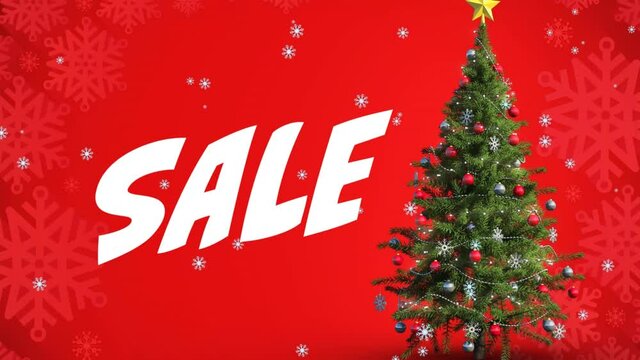 Animation of sale text over falling snow and christmas tree