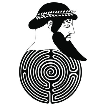 Head of a bearded ancient Greek man or god on top of a round spiral maze or labyrinth symbol. Creative concept for antique culture. Black and white silhouette.