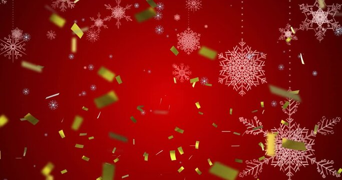 Animation of falling snowflakes and confetti on red background