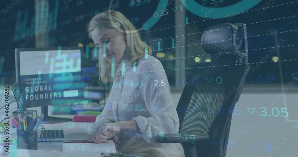 Poster animation of financial data processing over caucasian businesswoman using computer in ofice