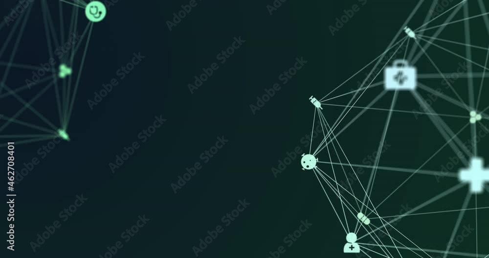 Poster Animation of globes with network of connections with digital icons over green background