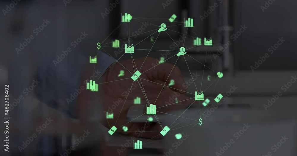 Poster animation of globe with network of connections with digital icons over man using smartphone