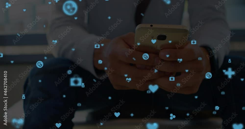 Poster animation of network of connections with digital icons over man using smartphone