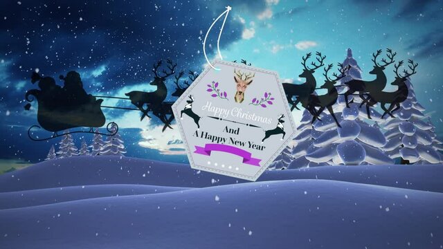 Animation of gift tag with season's greetings over santa claus in sleigh over winter landscape