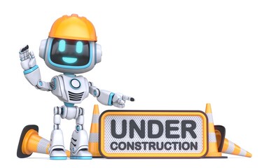 Cute blue robot under construction sign 3D