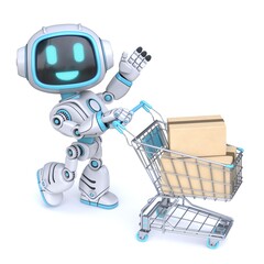 Cute blue robot push shopping cart 3D