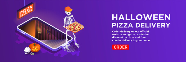 Isometric vector. Halloween delivery service banner. A telephone with a staircase to the basement. Skeleton courier with a box of pizza in a cap, pumpkin lantern. Order a purchase in the online store 