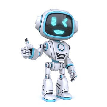 Cute blue robot giving thumbs up 3D
