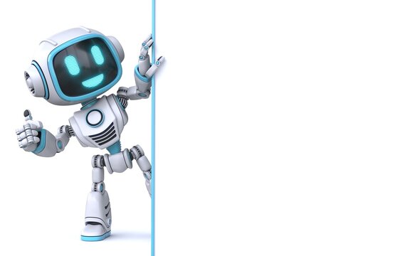 Cute blue robot holding blank white board 3D