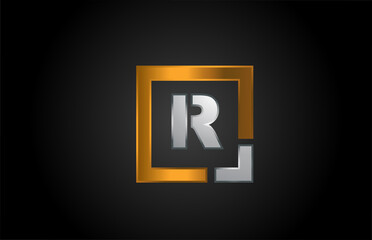 gold silver metal letter R alphabet logo design icon for business